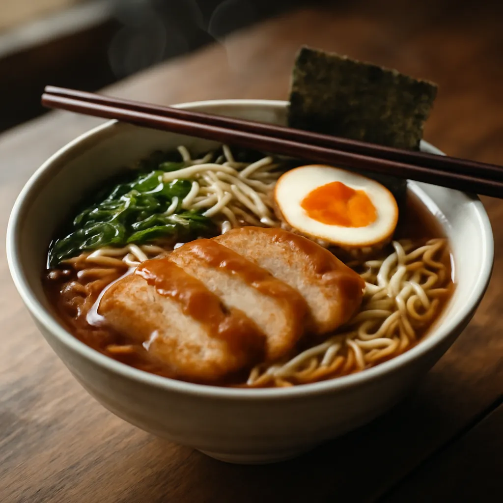Bowl of chicken ramen in soy broth with noodles, sliced chicken, jammy egg, spring onion and nori.