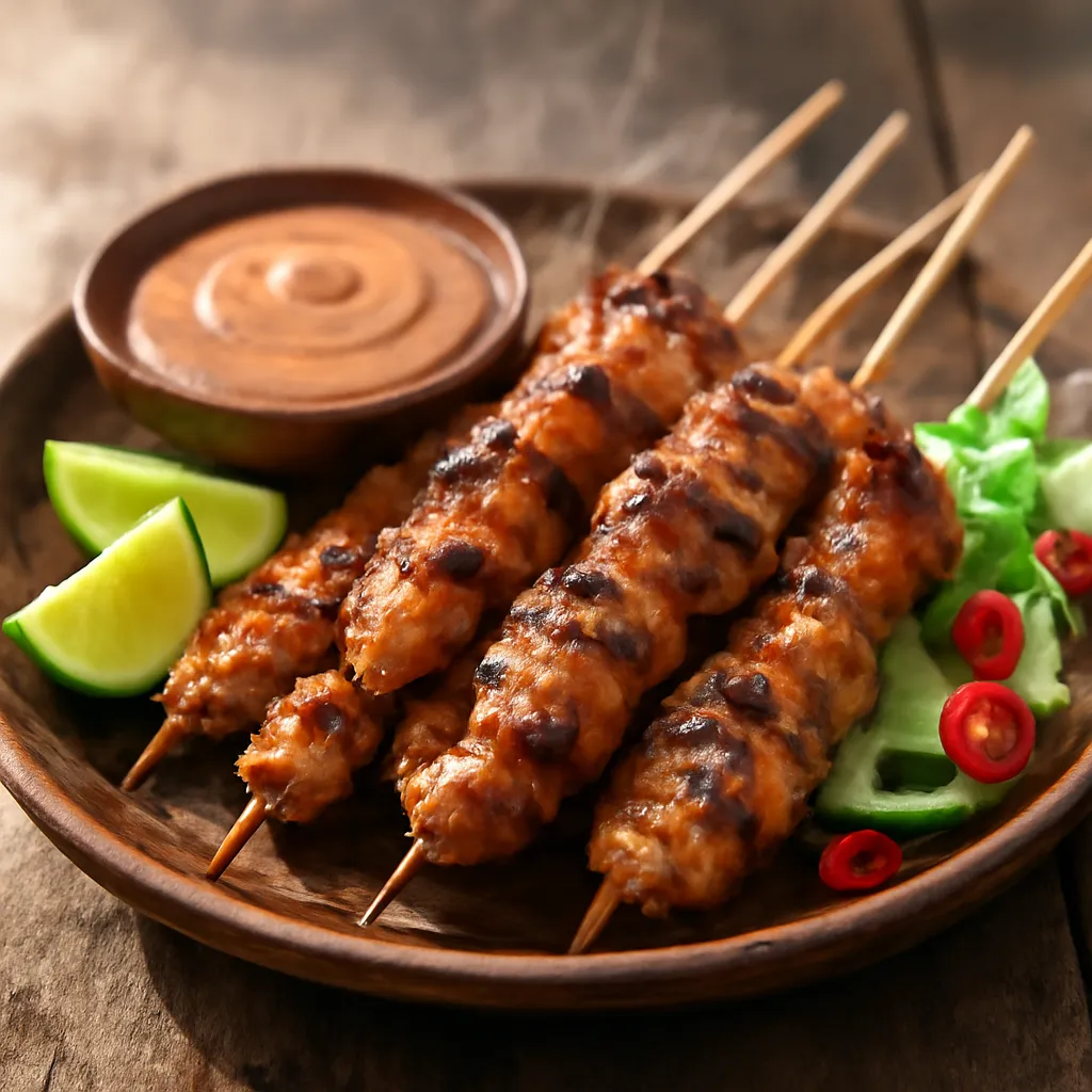 Charred Indonesian chicken satay skewers on a platter with a bowl of creamy peanut sauce and lime wedges