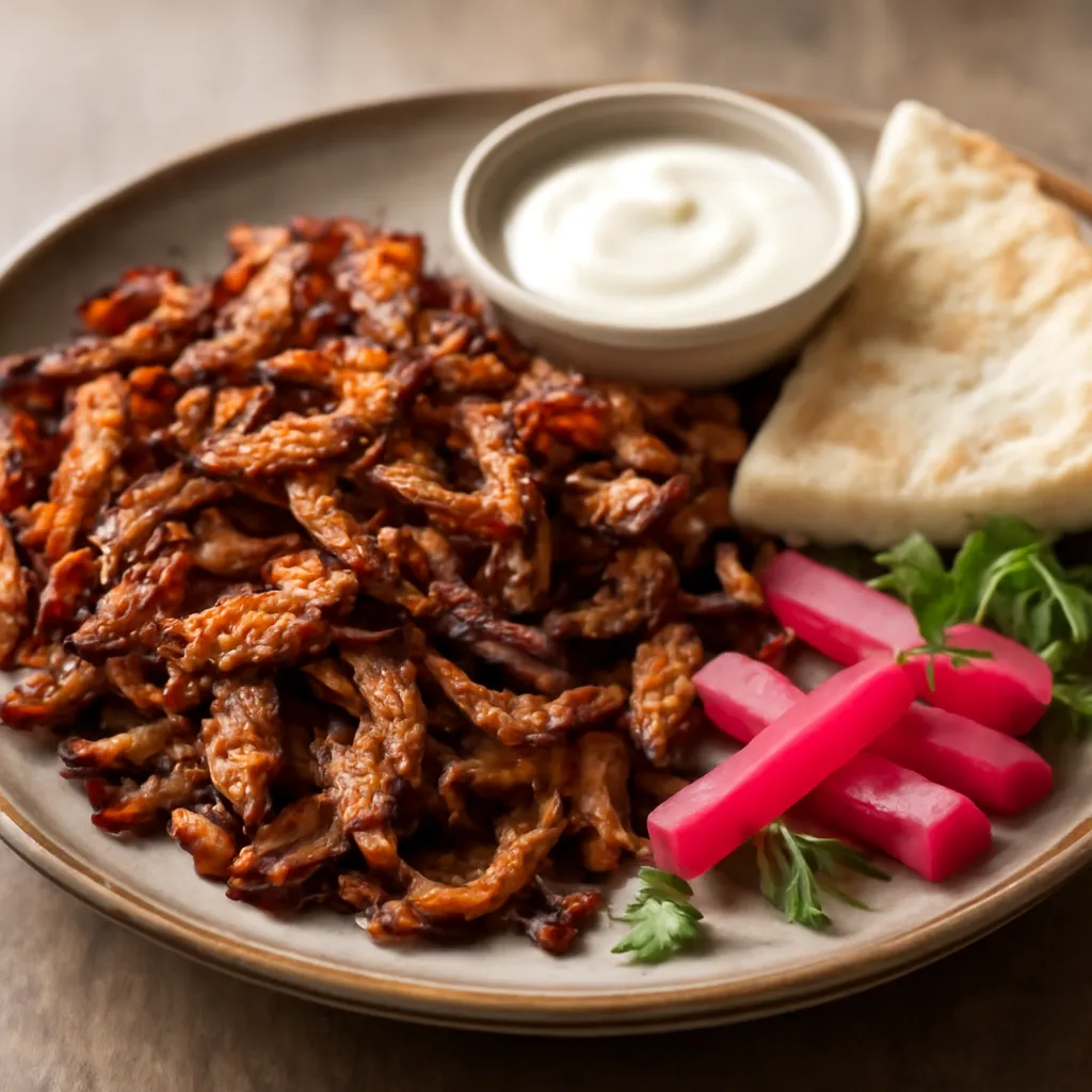 Plate of thinly sliced oven-baked chicken shawarma with roasted onions, flatbread, garlic sauce and pink pickles