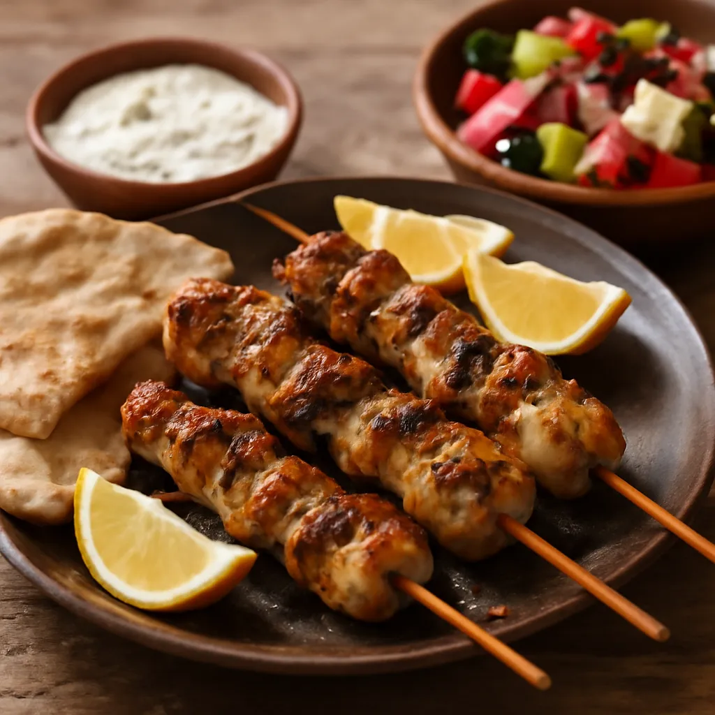 Chargrilled Greek chicken souvlaki skewers with oregano, lemon wedges, pitta and tzatziki on a wooden platter