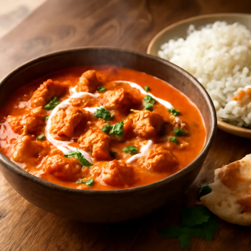 Bowl of creamy chicken tikka masala topped with coriander, served with basmati rice and naan bread.