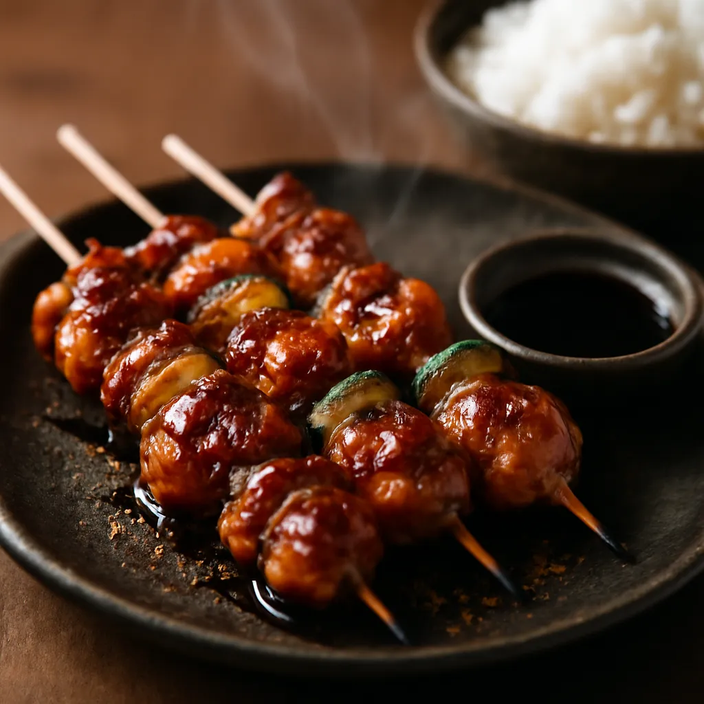 Glazed chicken yakitori skewers with spring onion, dusted with red seven-spice, on a dark ceramic plate