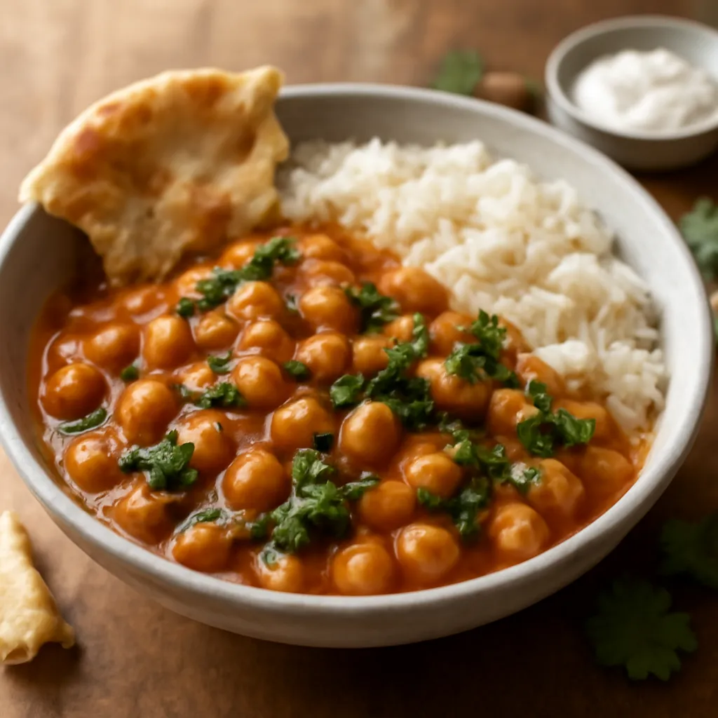 Bowl of chickpea and spinach curry in a rich tomato-coconut sauce, served with basmati rice and naan.