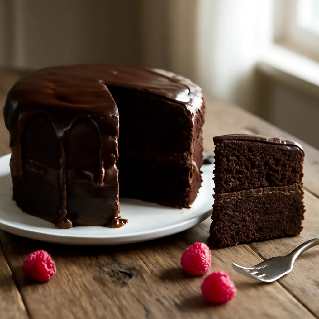 Two-layer chocolate cake with glossy ganache dripping down the sides, one slice cut to show the moist crumb