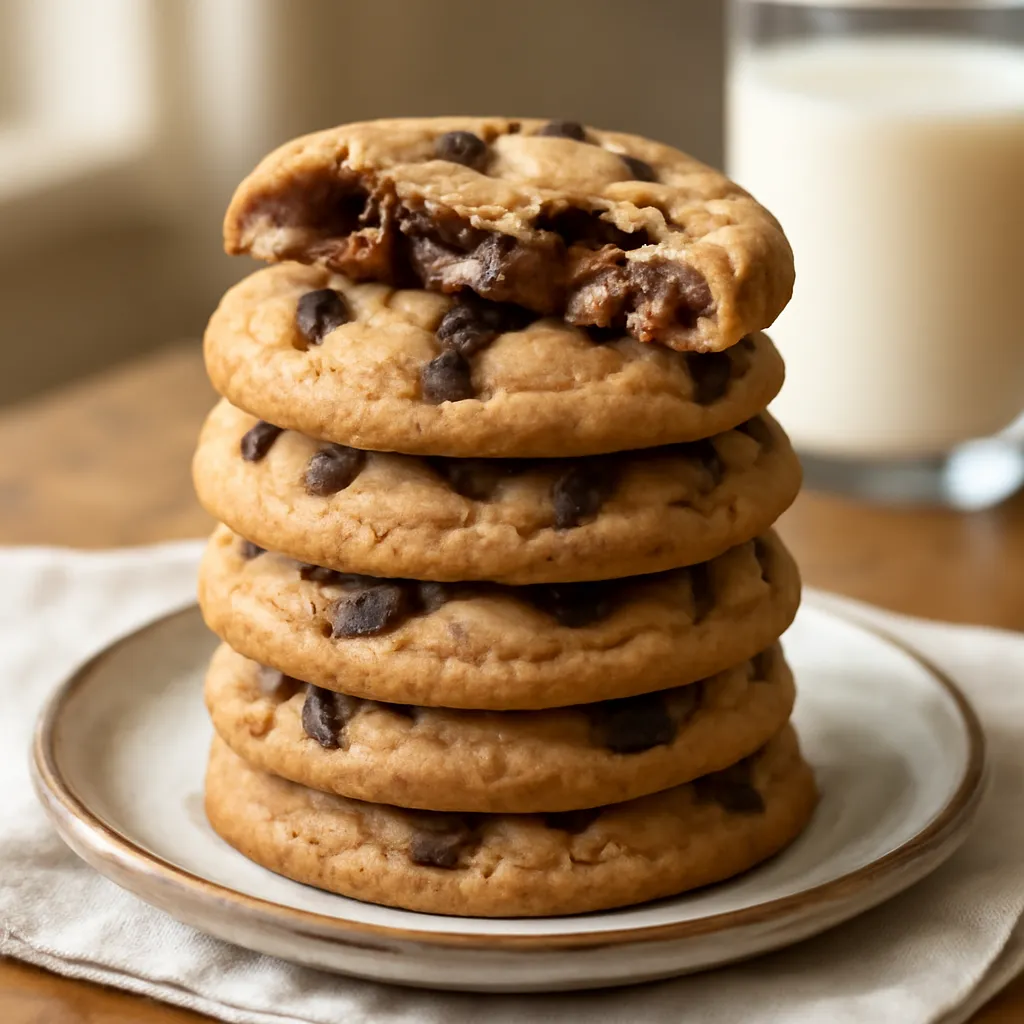 Stack of soft chocolate chip cookies on a plate, top one broken to show a molten chocolate centre
