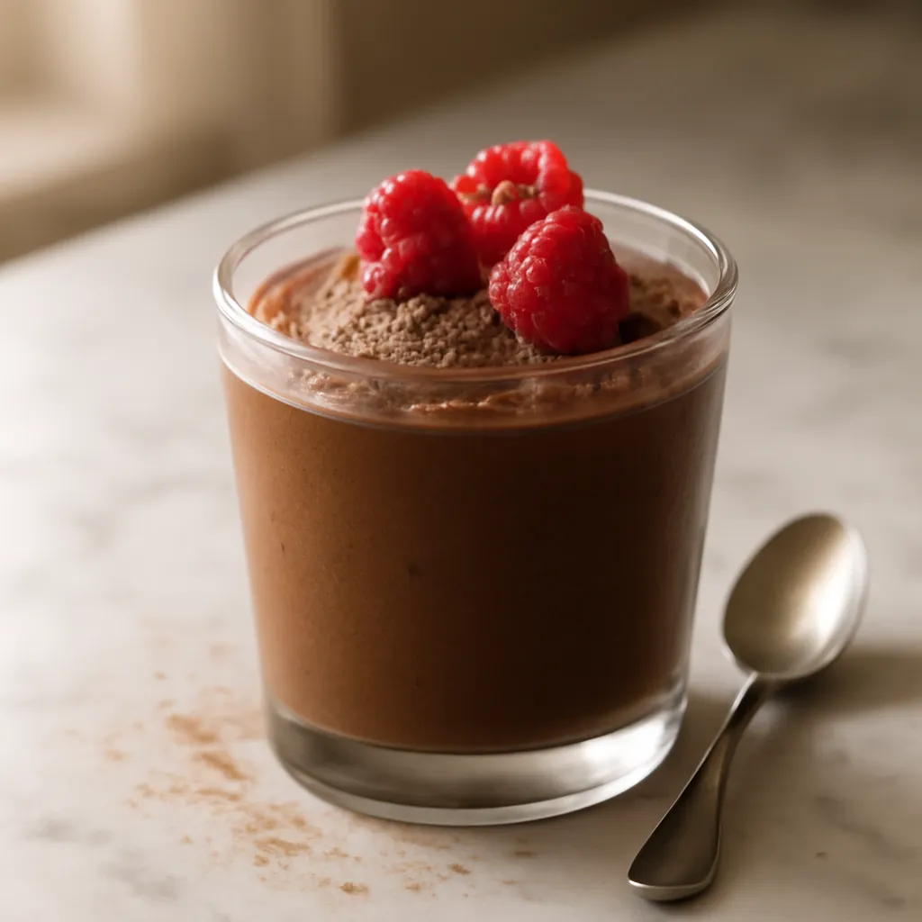 Glass of dark French chocolate mousse topped with fresh raspberries and chocolate shavings in soft natural light.