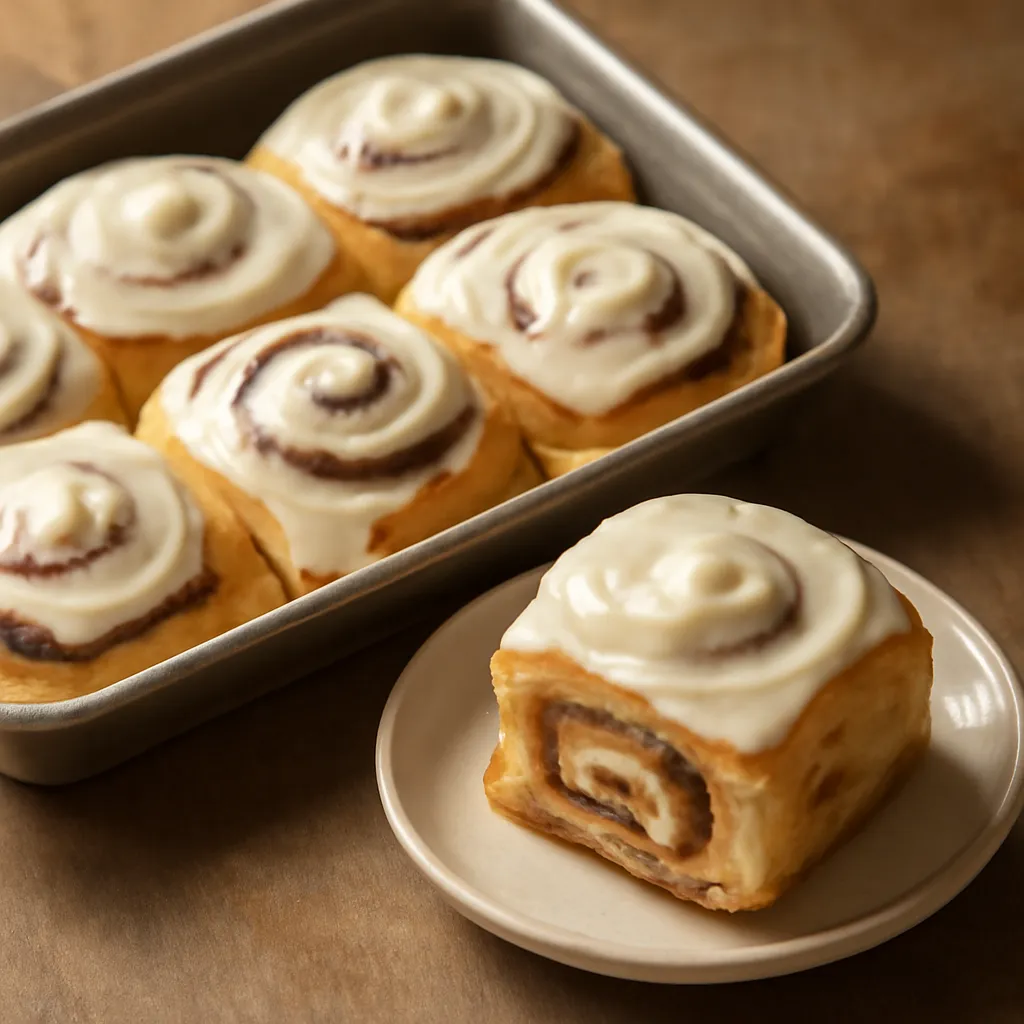 Golden cinnamon rolls with melting cream cheese frosting in a baking tin, one roll lifted onto a plate