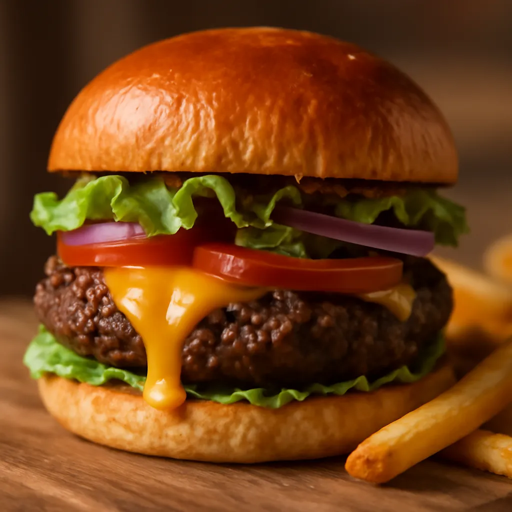 Classic American beef cheeseburger with melting Cheddar, lettuce, tomato and onion in a toasted brioche bun