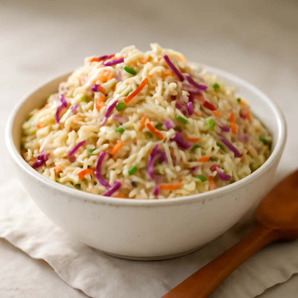Bowl of creamy coleslaw with shredded white and red cabbage and grated carrot in a tangy dressing