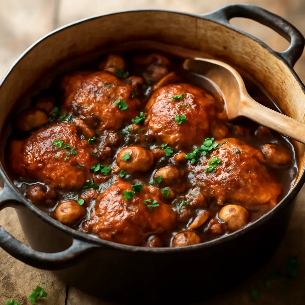 Coq au vin in a cast-iron pot: golden chicken thighs in rich red wine sauce with mushrooms, baby onions and bacon.