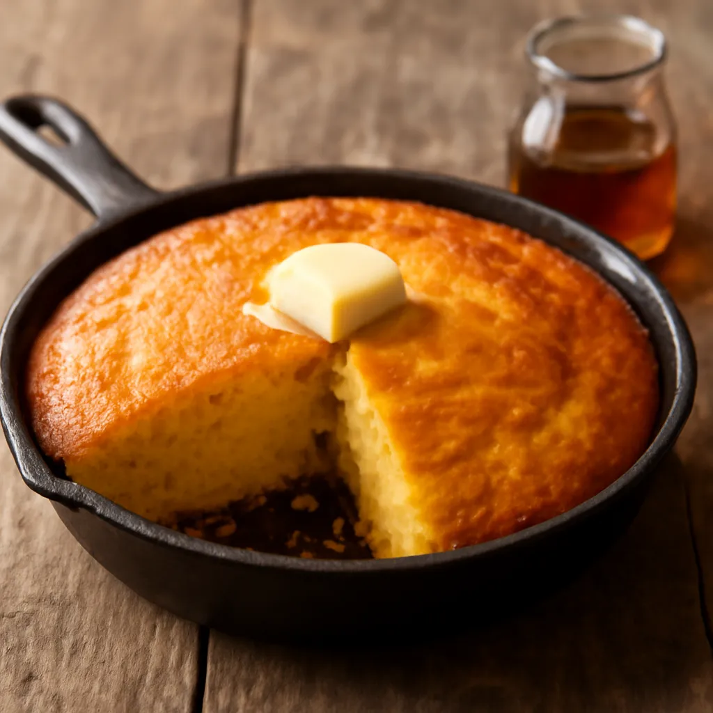 Golden skillet cornbread in a cast-iron pan with one wedge cut, showing a soft crumb and crisp crust, butter melting on top.