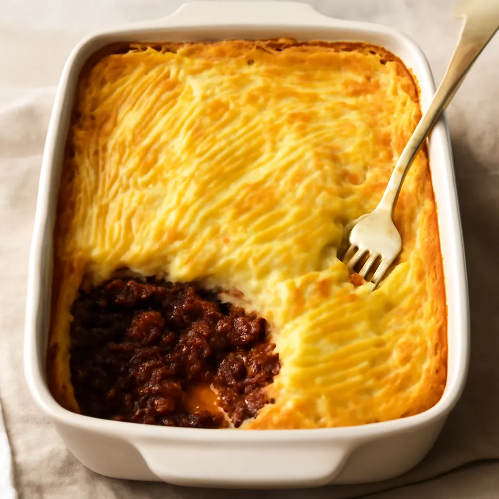 Cottage pie with golden mashed potato topping and a portion served on a plate