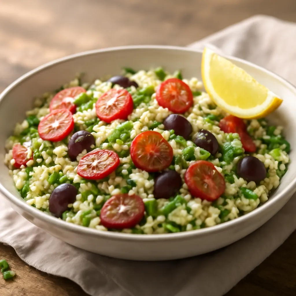 Bowl of Mediterranean couscous salad with cherry tomatoes, cucumber, olives and fresh herbs, garnished with a lemon wedge.