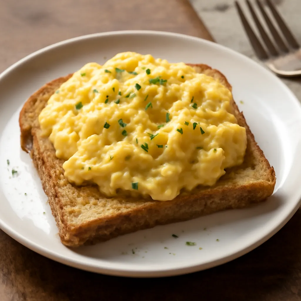 Soft creamy scrambled eggs topped with chives on buttered toast, served on a white plate in natural light.