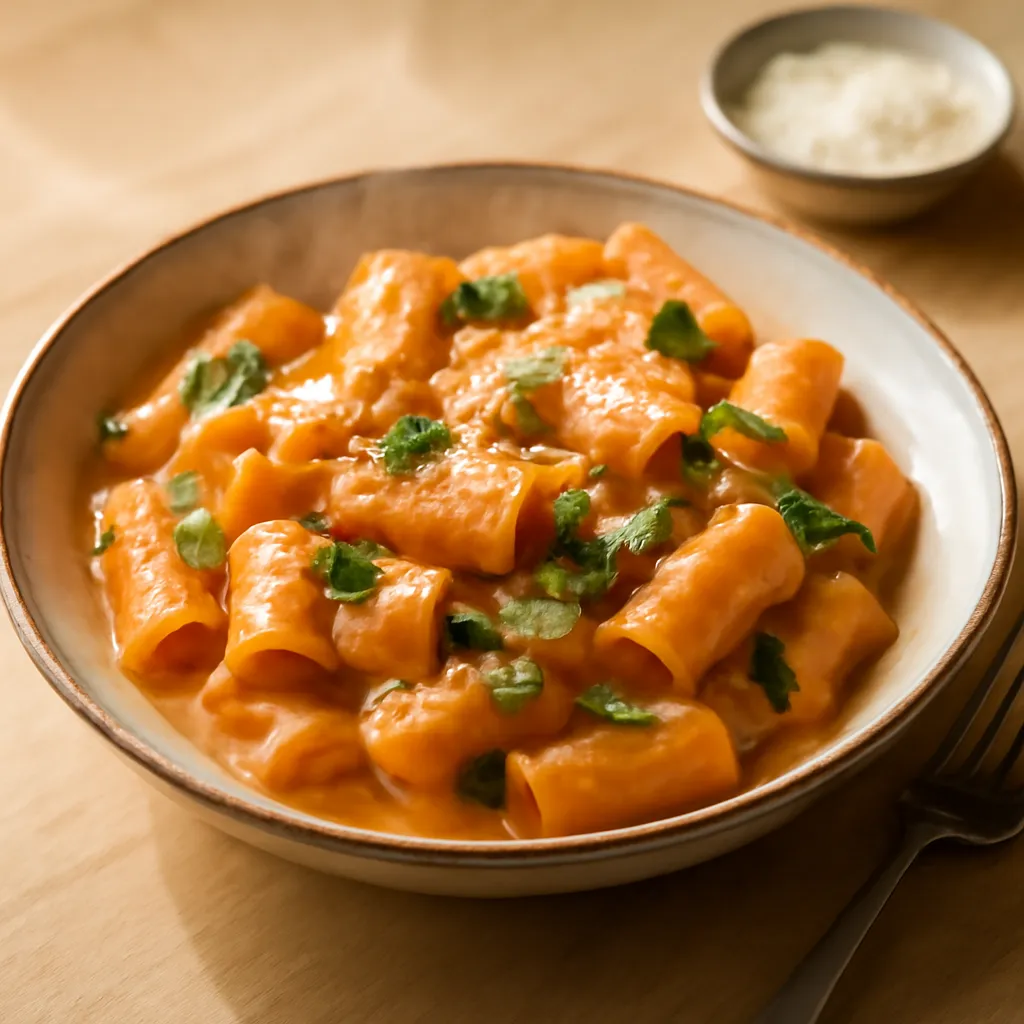 Bowl of creamy tomato pasta with rigatoni, glossy sauce, torn basil and grated Parmesan on a rustic plate