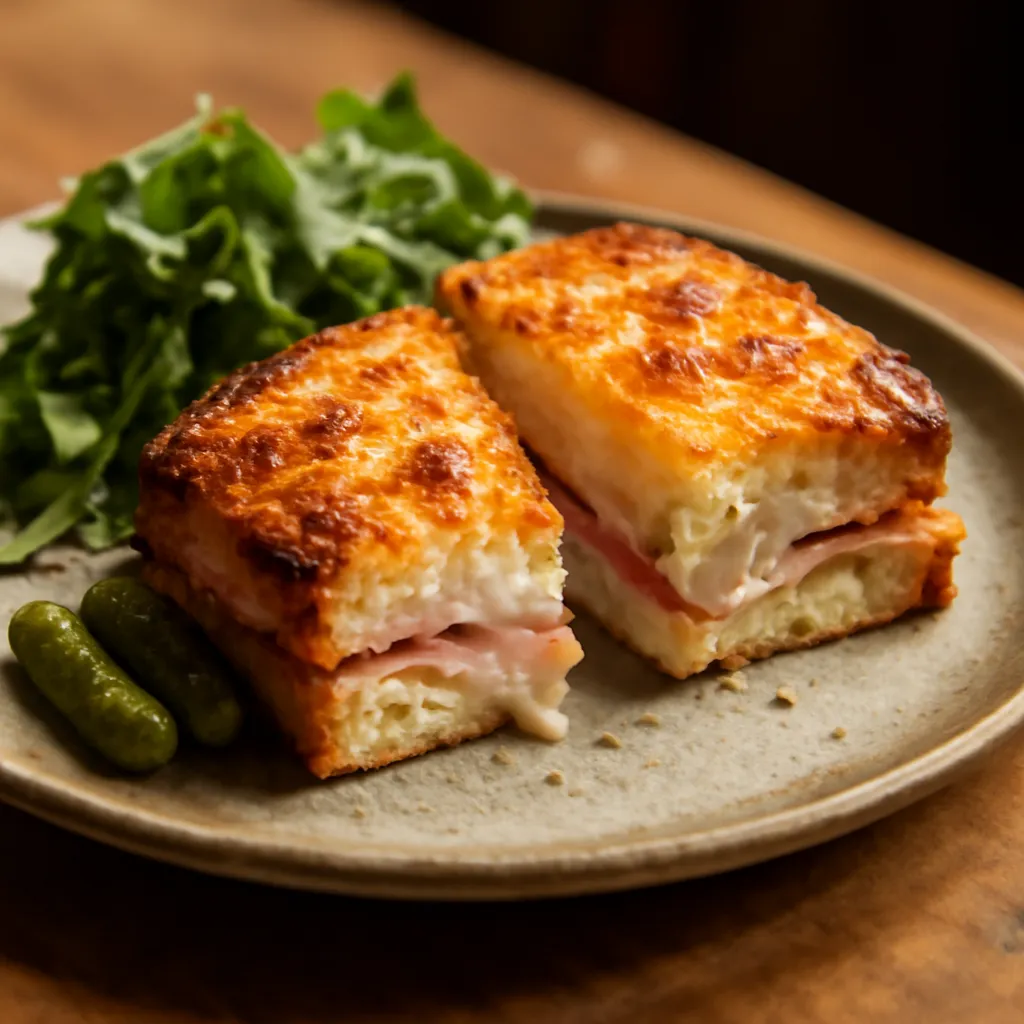 Golden grilled Croque Monsieur cut in half showing melted Gruyere and ham, with a side salad and cornichons