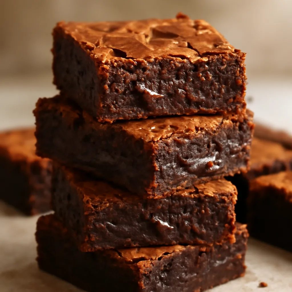 Stack of fudgy chocolate brownies with a crackly top cut into squares