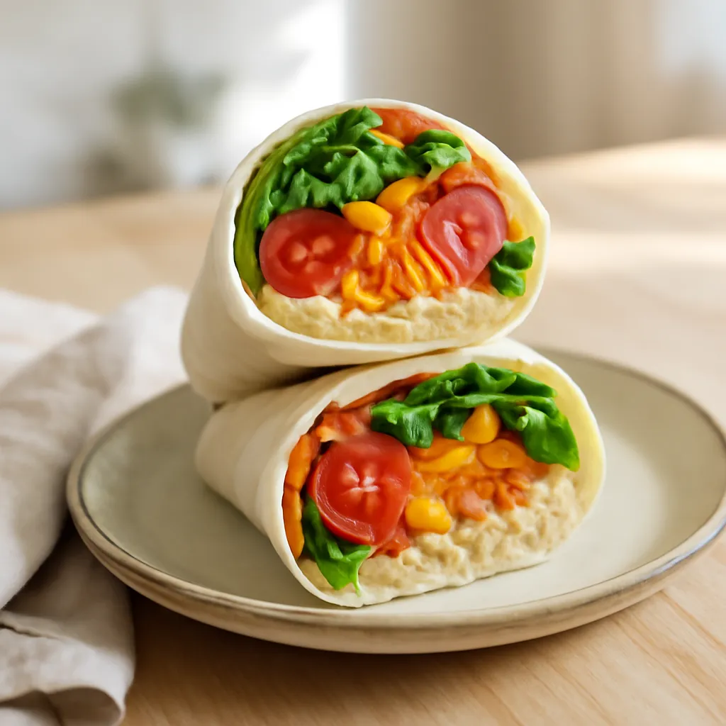 Two vegetarian lunch wraps cut in half showing houmous, grated carrot, salad and tomato fillings on a plate.