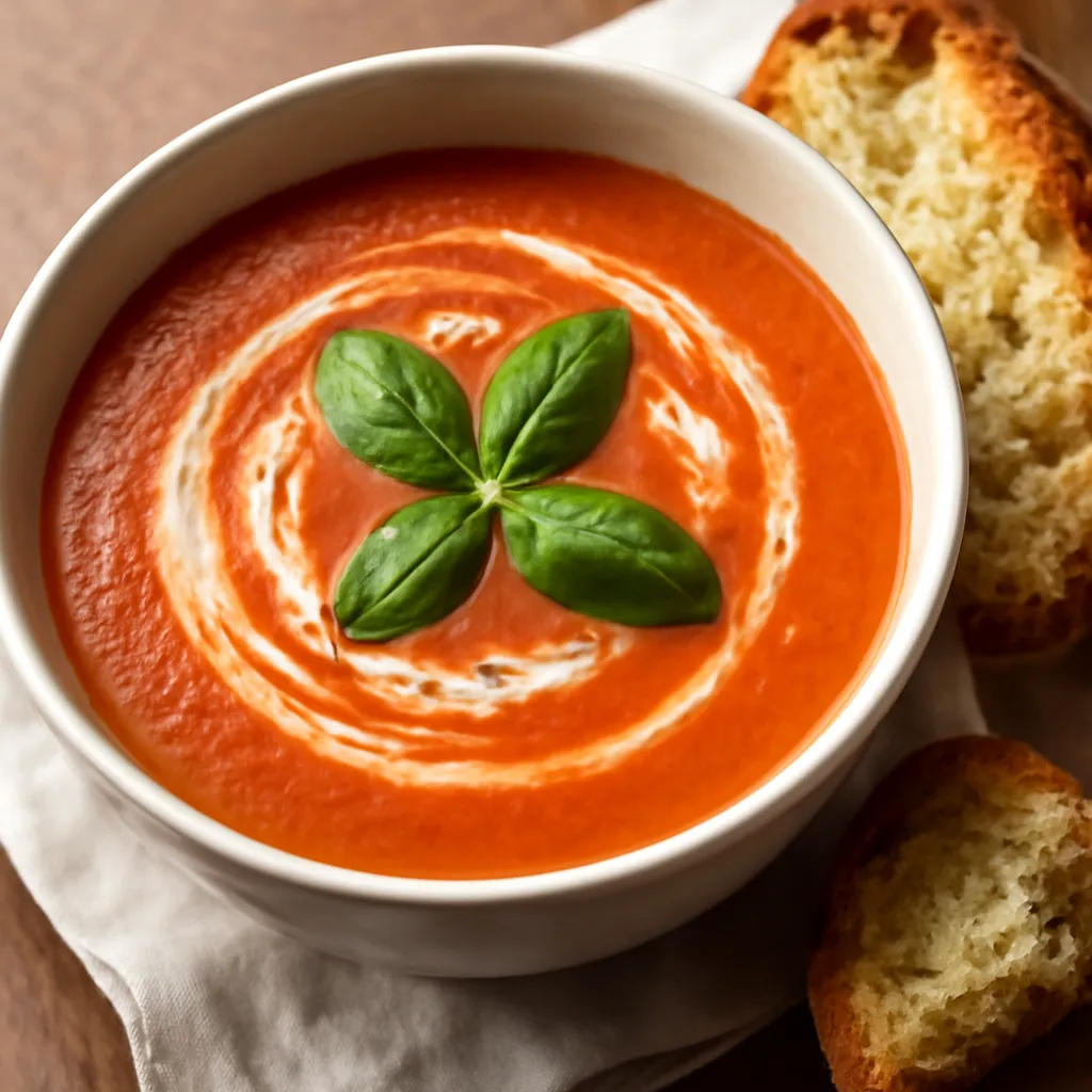 A bowl of smooth tomato soup swirled with cream and topped with basil, bread beside