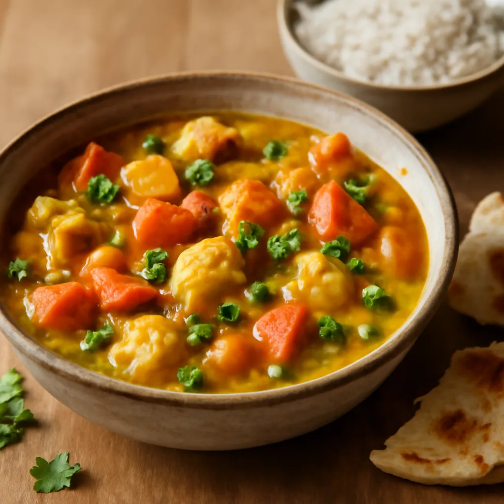 Bowl of golden vegetable curry with potato, carrot, pepper and peas, topped with coriander, rice and naan alongside.