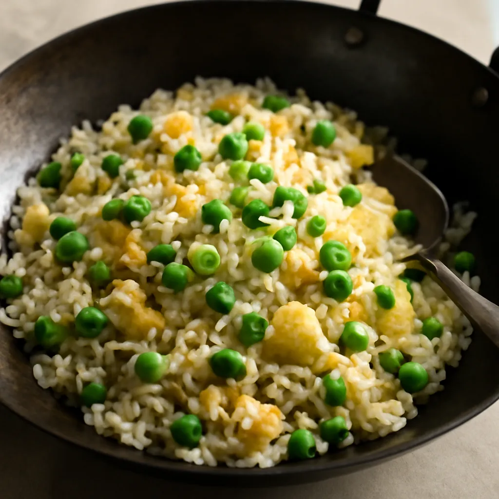 Egg fried rice with peas and spring onion in a wok