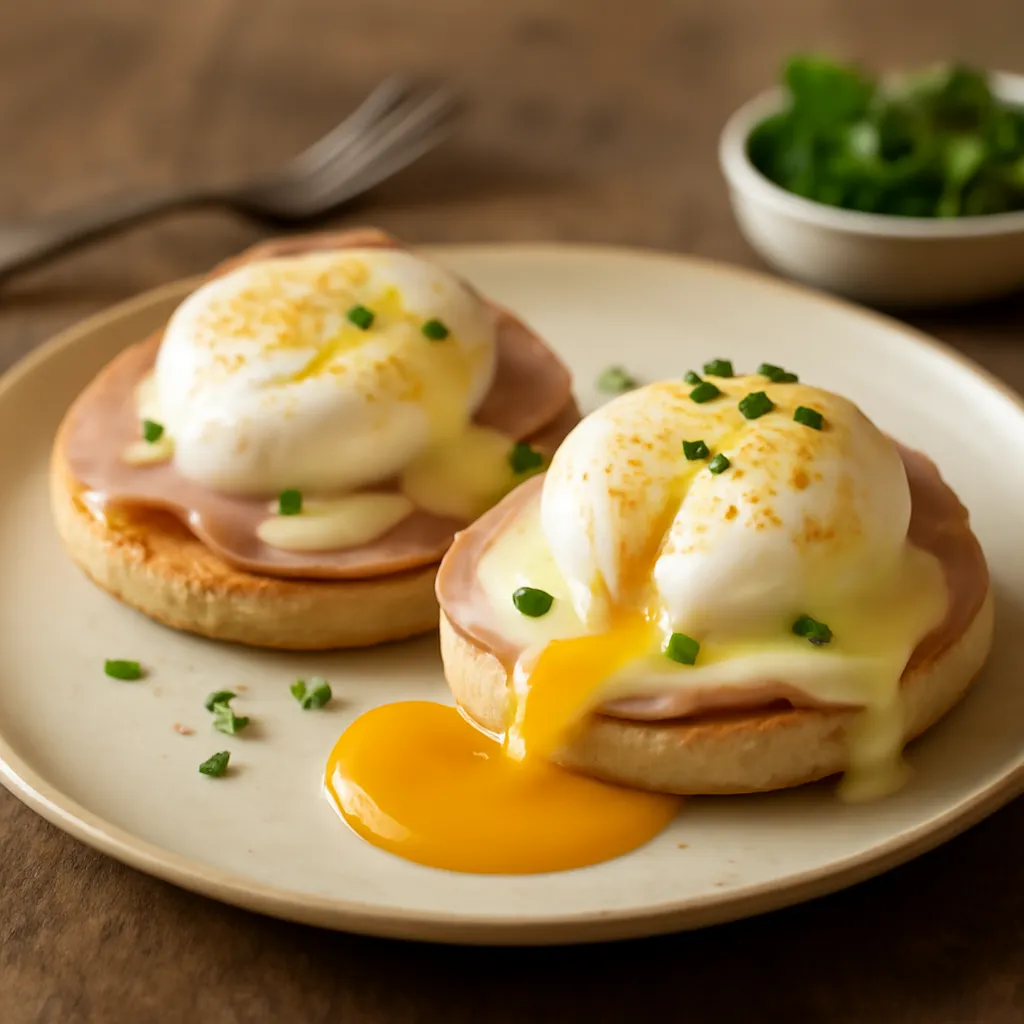 Two Eggs Benedict on toasted English muffins with ham, poached eggs and hollandaise, dusted with cayenne and chives
