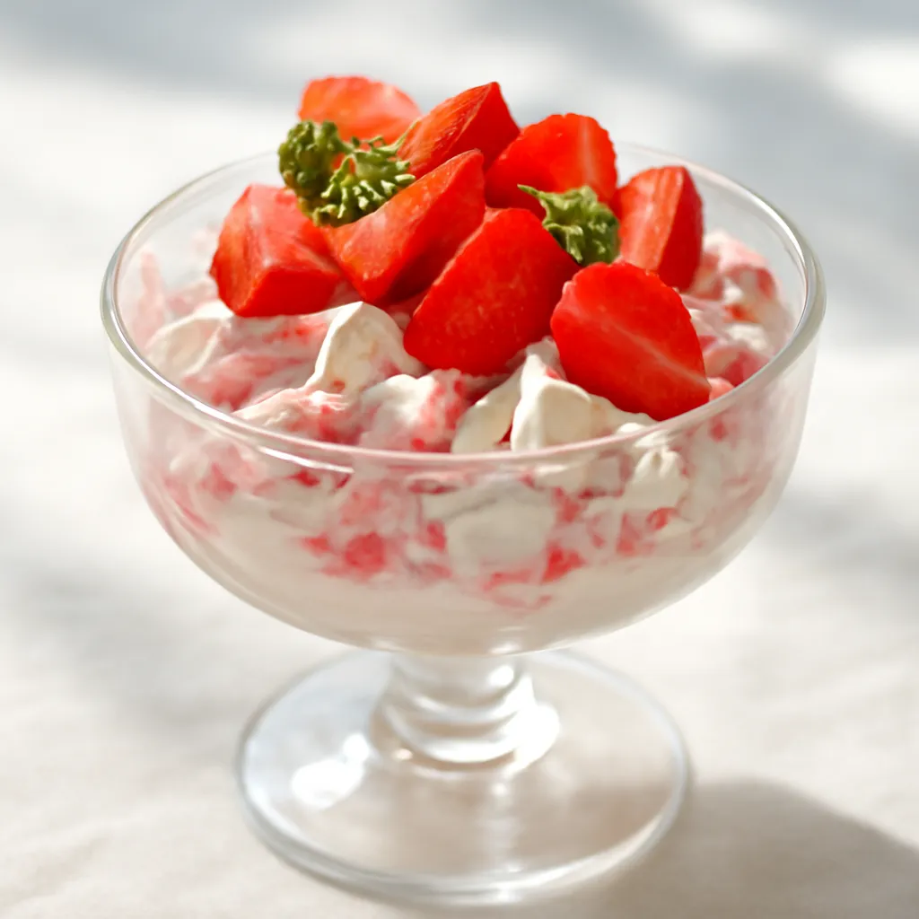 Eton Mess in a glass with whipped cream, crushed meringue and ripe strawberries, topped with mint.