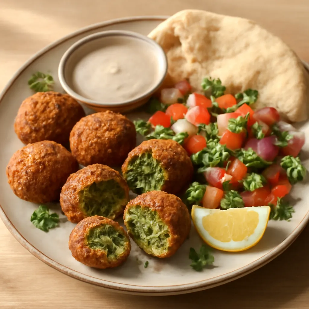 Golden crispy falafel split to show fluffy green centres, served with pitta, tahini and fresh salad