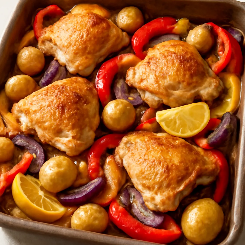 Family chicken traybake with golden chicken thighs, potatoes, peppers and onion on a tray