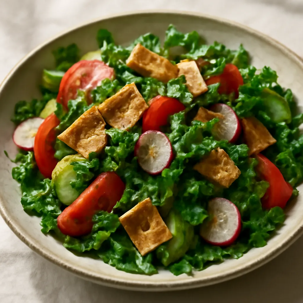 Lebanese fattoush salad with crisp toasted pita, tomatoes, cucumber, radishes and herbs dusted with sumac