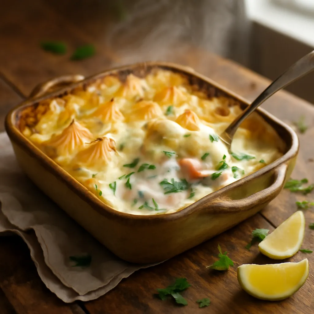 Creamy fish pie with golden cheesy mash, a spoonful lifted to reveal chunks of fish, peas and parsley sauce.