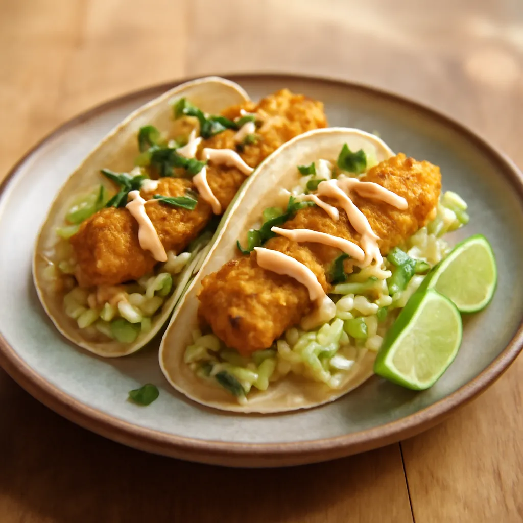 Two crispy fish tacos with lime slaw, chipotle mayo and coriander, served with lime wedges on a ceramic plate.