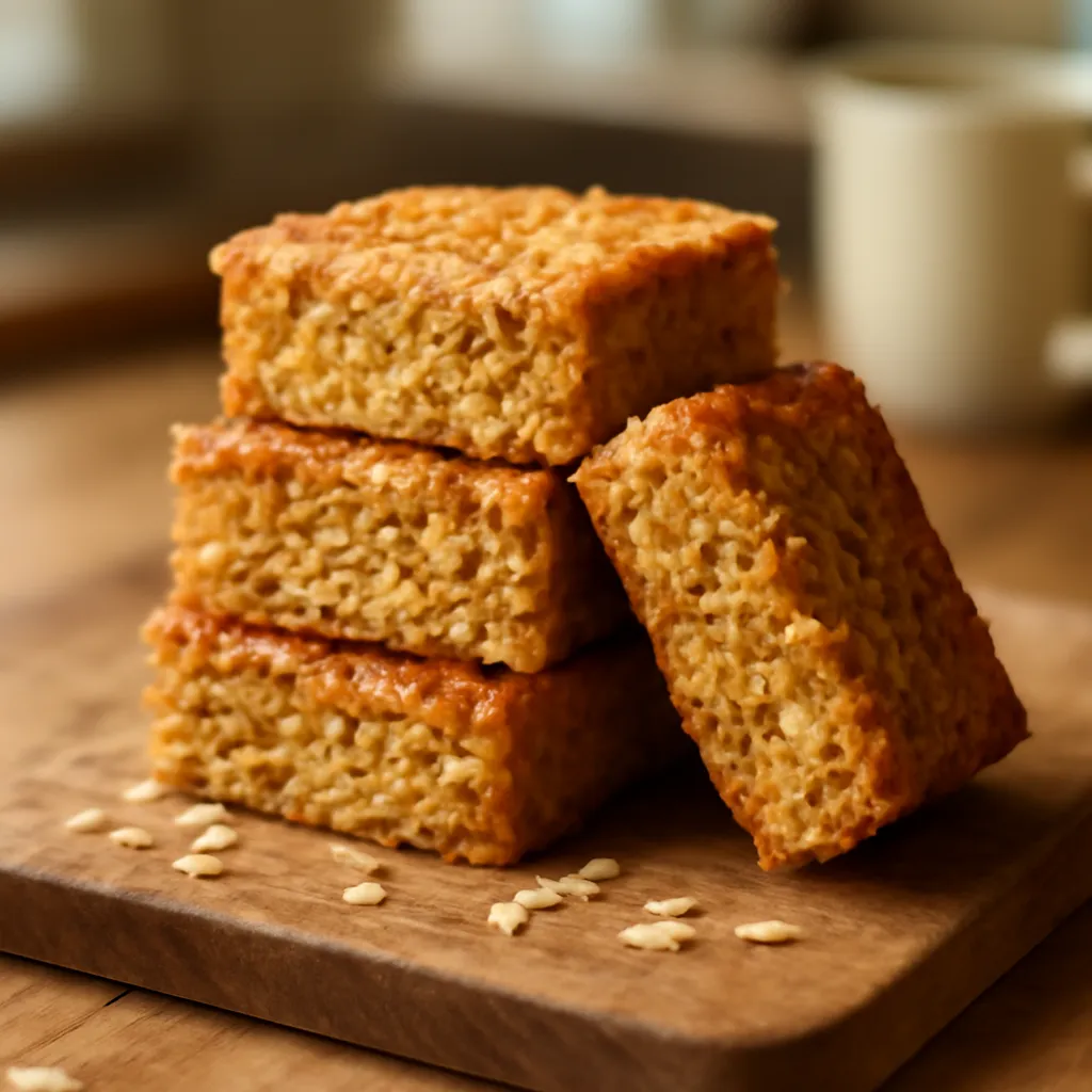 Stack of golden chewy oat flapjack squares on a wooden board with a mug of tea behind