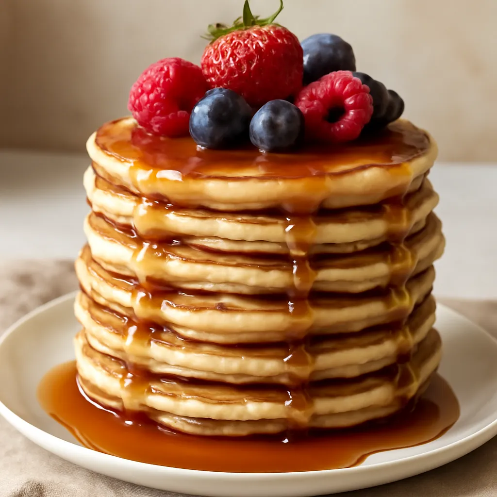 A stack of fluffy American-style pancakes topped with berries and syrup