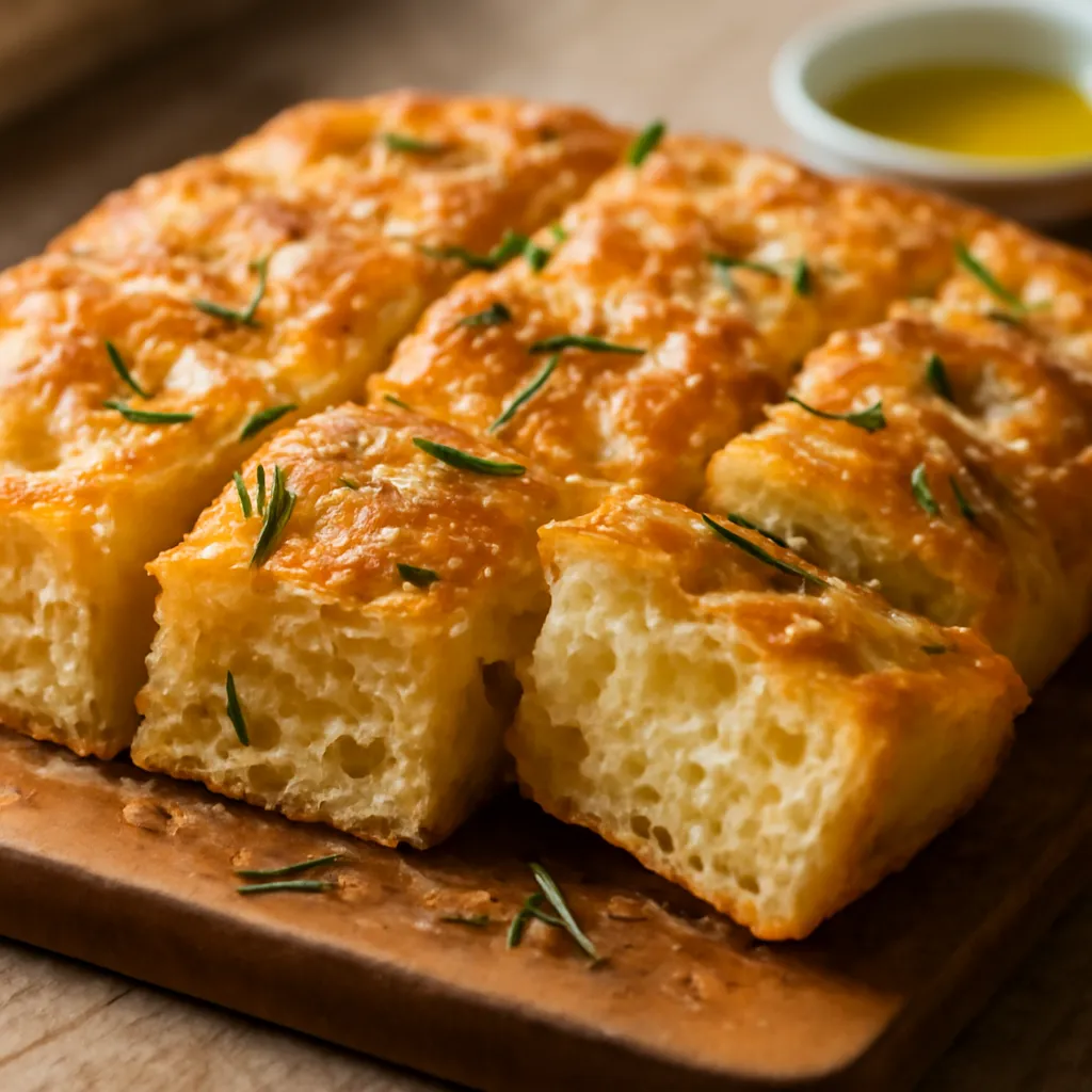 Golden rosemary focaccia cut into squares on a wooden board, dimpled top glistening with olive oil and flaky sea salt.