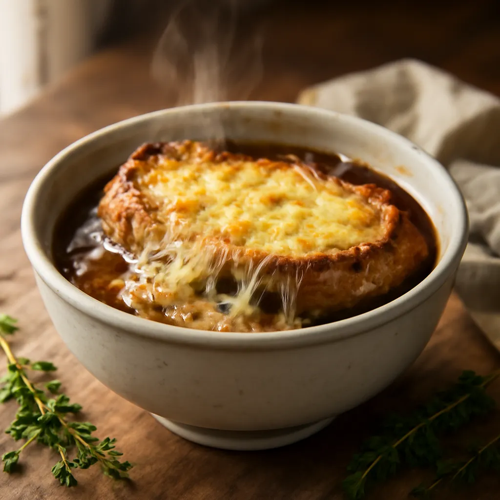 Bowl of French onion soup topped with a baguette raft and bubbling golden-brown Gruyère cheese, steam rising