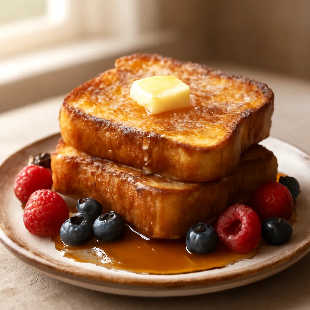 Golden French toast slices dusted with icing sugar, topped with berries and maple syrup on a plate