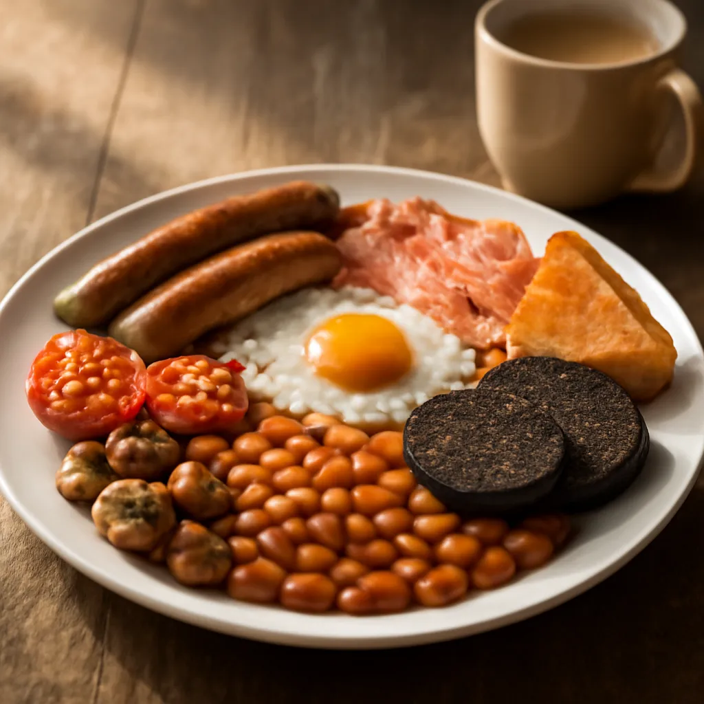 Full English breakfast plate with sausages, bacon, fried egg, beans, mushrooms, tomatoes, black pudding and fried bread