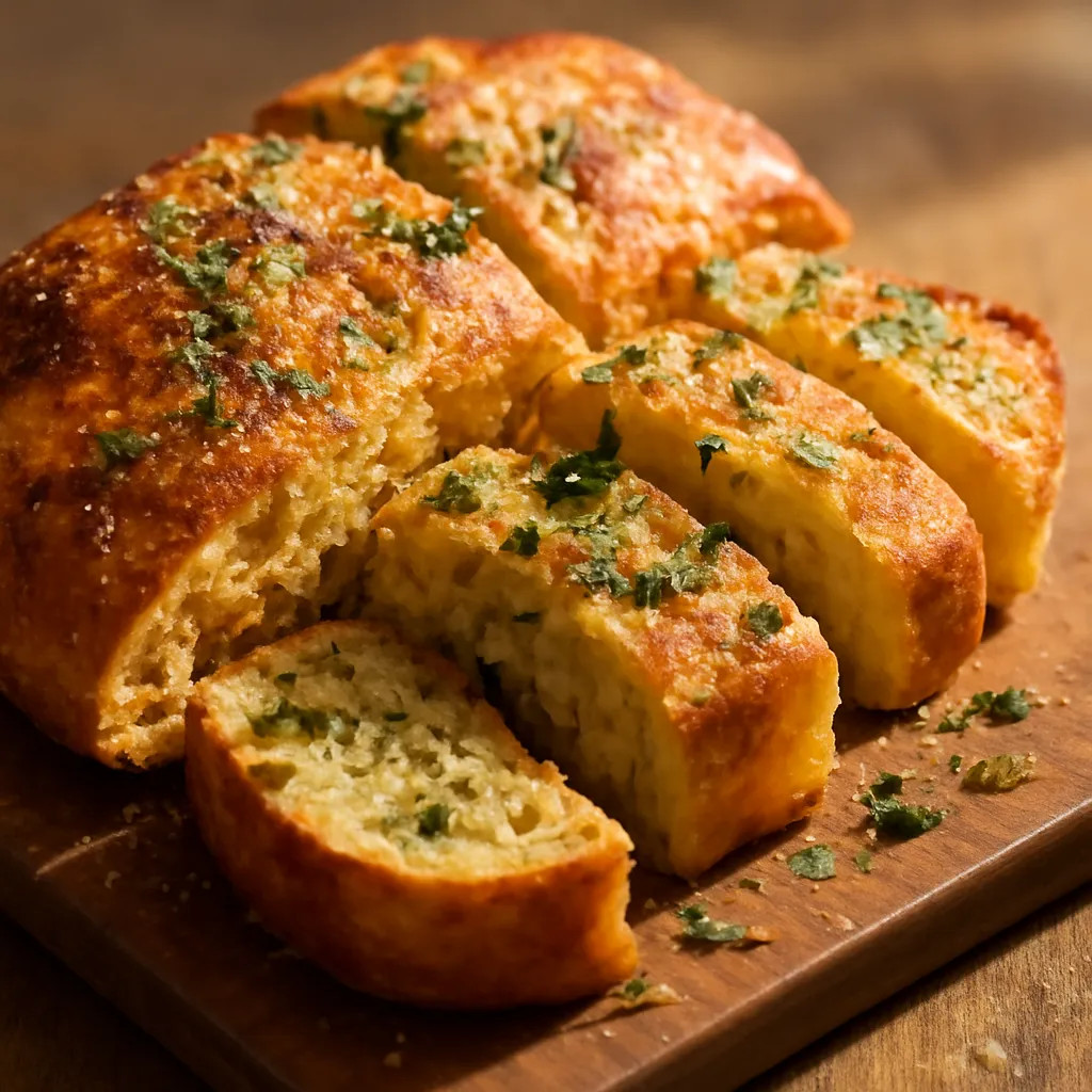 Golden homemade garlic bread cut into pieces on a wooden board, glossy with garlic butter and scattered with parsley