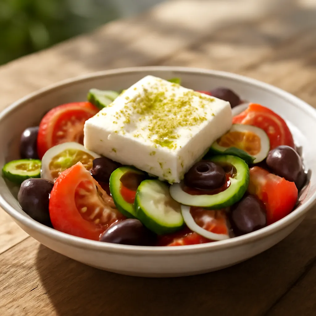 Classic Greek salad with tomato, cucumber, olives and a whole slab of feta dusted with oregano