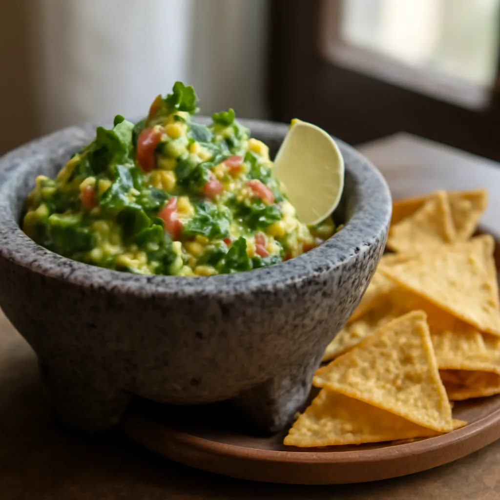 Bowl of fresh chunky guacamole topped with coriander and lime, served with tortilla chips