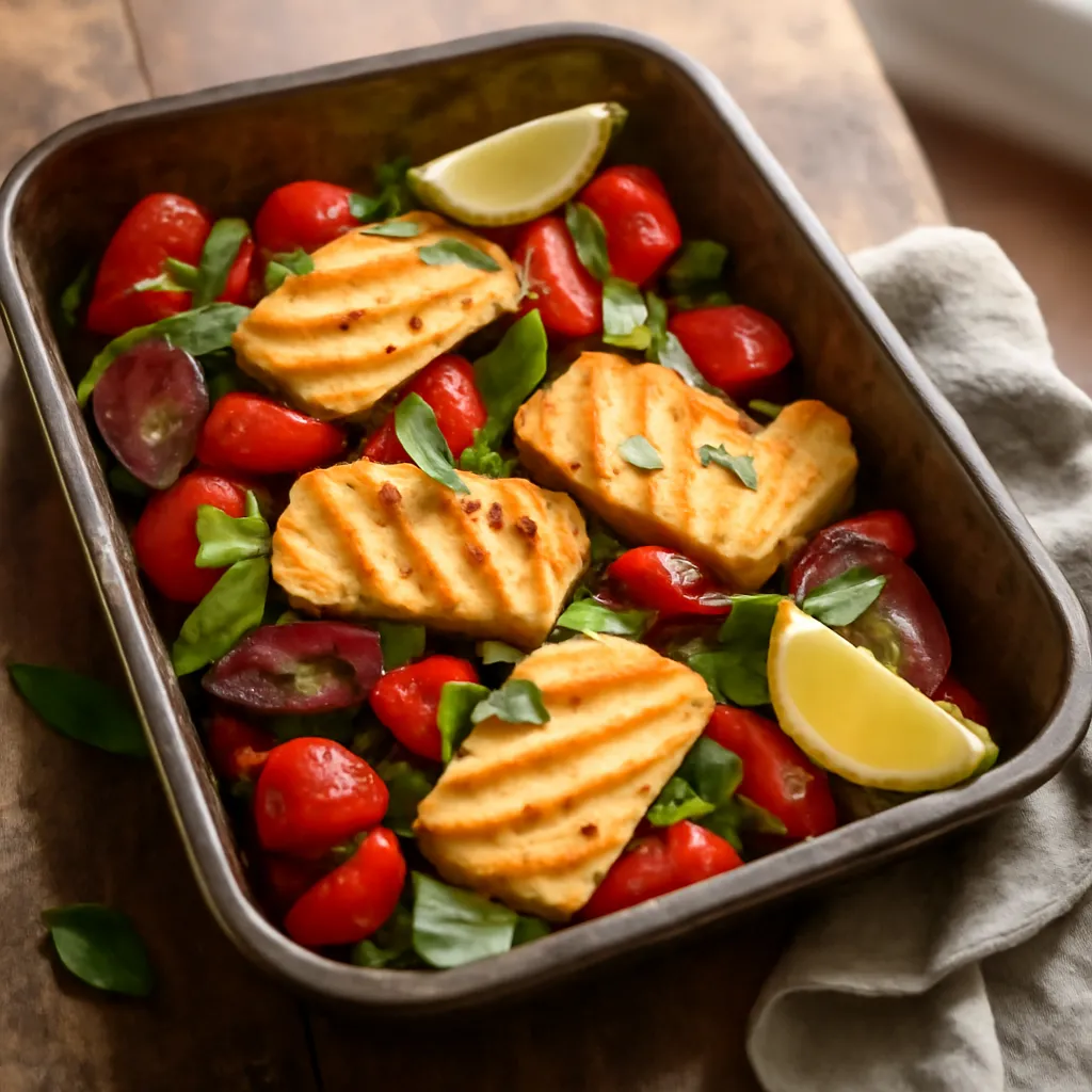 Golden roasted halloumi slices on charred peppers, courgette, tomatoes and red onion in a roasting tin with basil and lemon