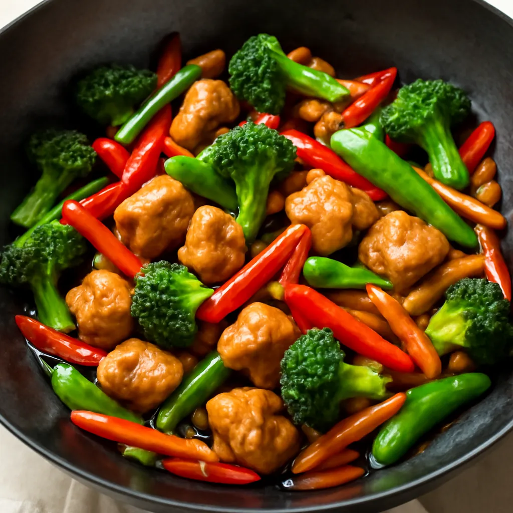Colourful chicken and vegetable stir fry with broccoli, peppers and carrots in a wok