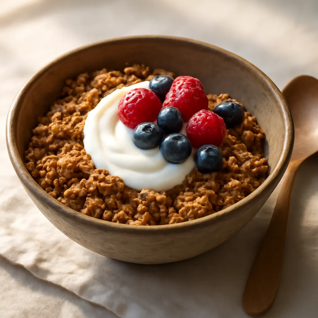 Bowl of golden homemade granola clusters with yoghurt, raspberries and blueberries in soft morning light