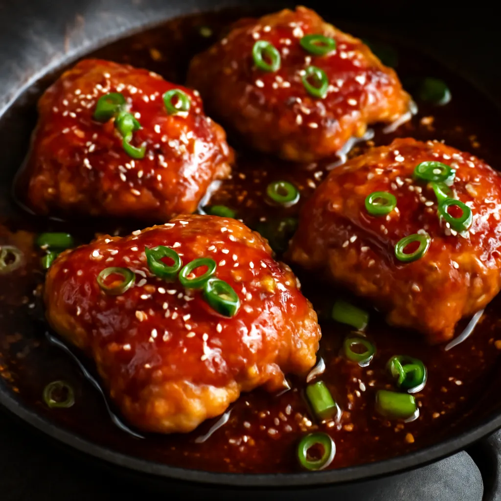 Sticky honey garlic chicken thighs in a pan garnished with sesame seeds and spring onion