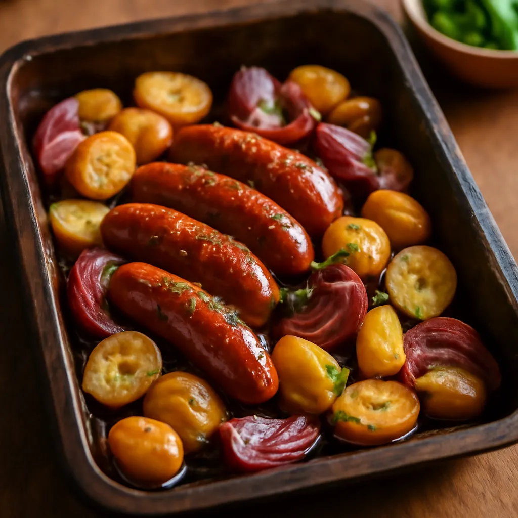 Sticky honey mustard glazed sausages roasted with baby potatoes and red onion wedges in a rustic tin