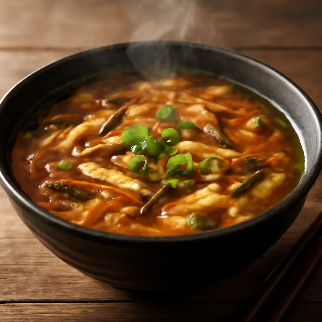 Bowl of hot and sour soup with tofu, shiitake, egg ribbons and spring onions in a glossy dark broth