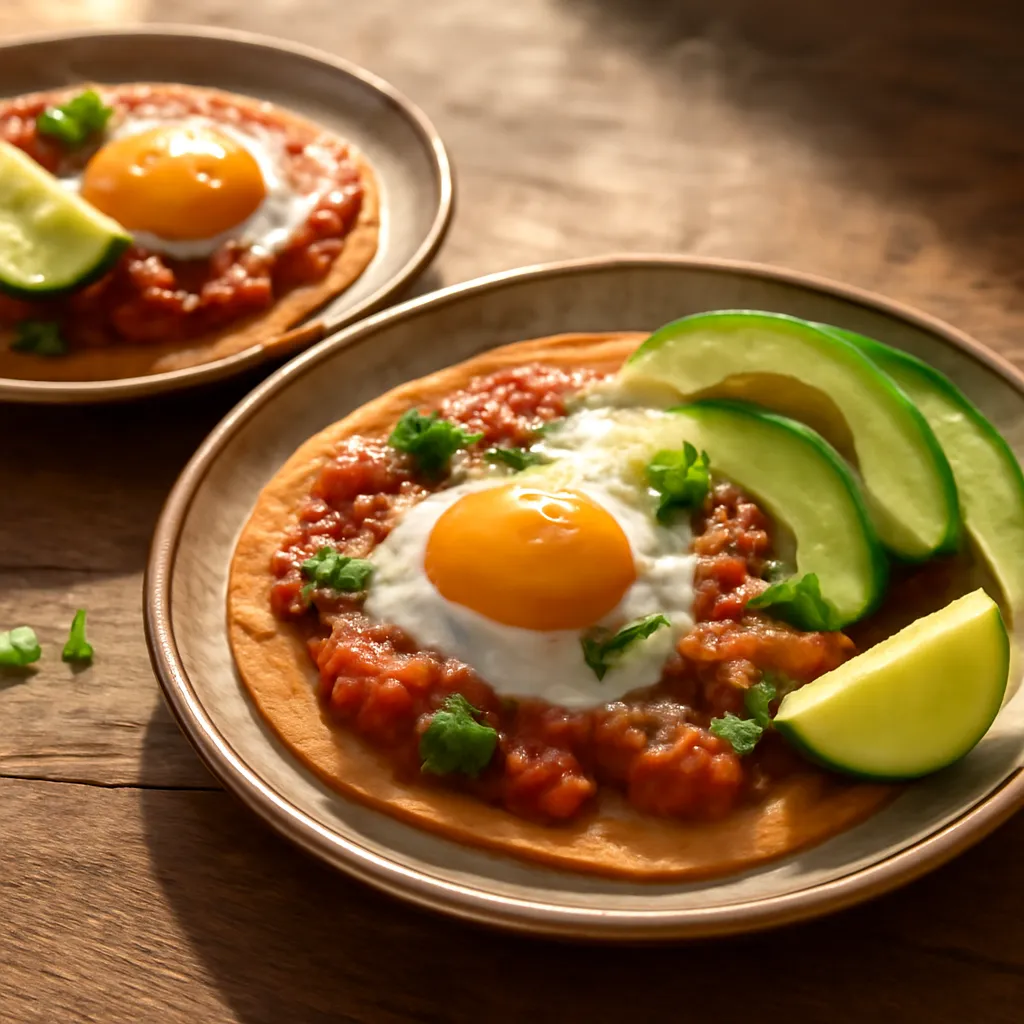 Fried eggs with runny yolks on corn tortillas topped with red tomato-chilli salsa, avocado and coriander