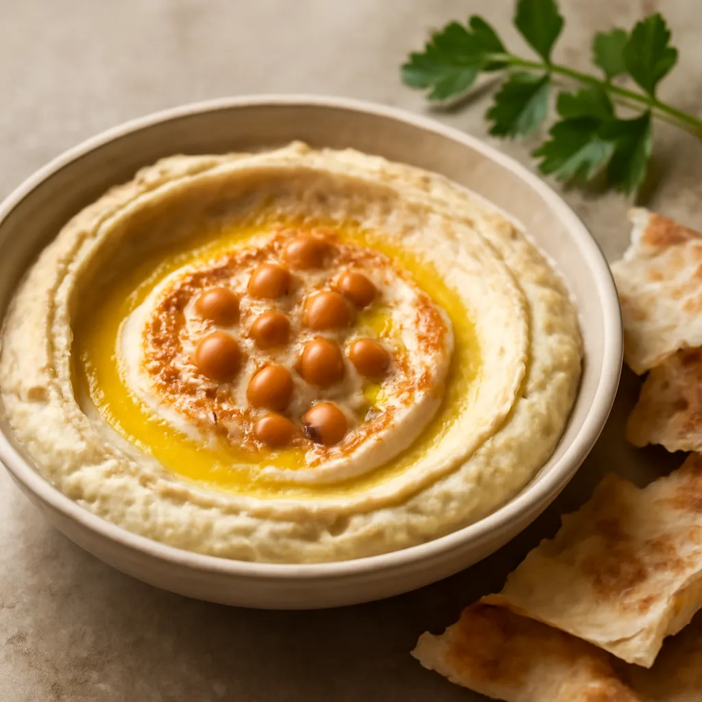 Bowl of creamy homemade hummus swirled with olive oil, paprika and chickpeas, served with warm flatbread