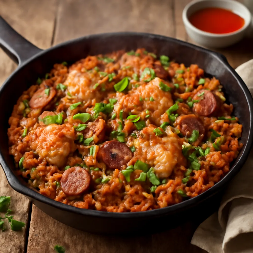 Cast-iron pan of Cajun chicken and sausage jambalaya topped with spring onion and parsley